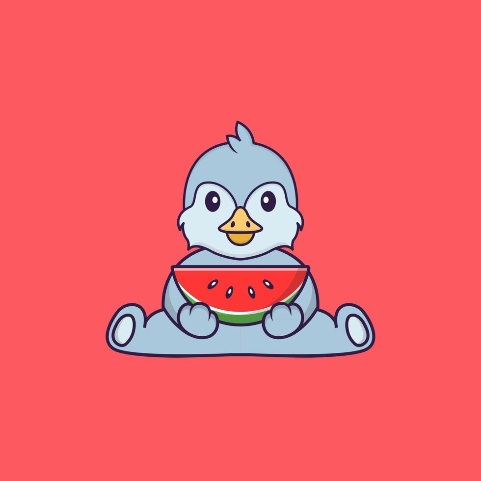 oiseau mignon mangeant de la pastèque. concept de dessin animé animal isolé. peut être utilisé pour un t-shirt, une carte de voeux, une carte d'invitation ou une mascotte. style cartoon plat vecteur