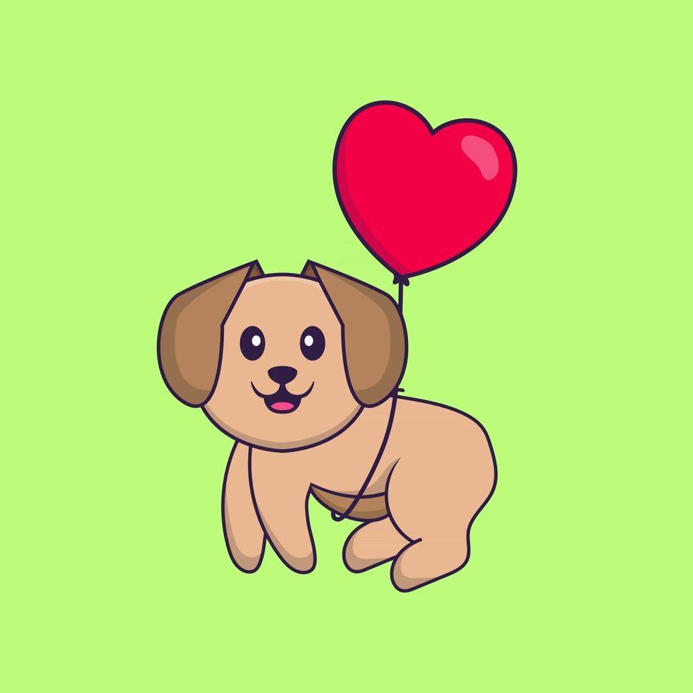 chien mignon volant avec des ballons en forme d'amour. concept de dessin animé animal isolé. peut être utilisé pour un t-shirt, une carte de voeux, une carte d'invitation ou une mascotte. style cartoon plat vecteur