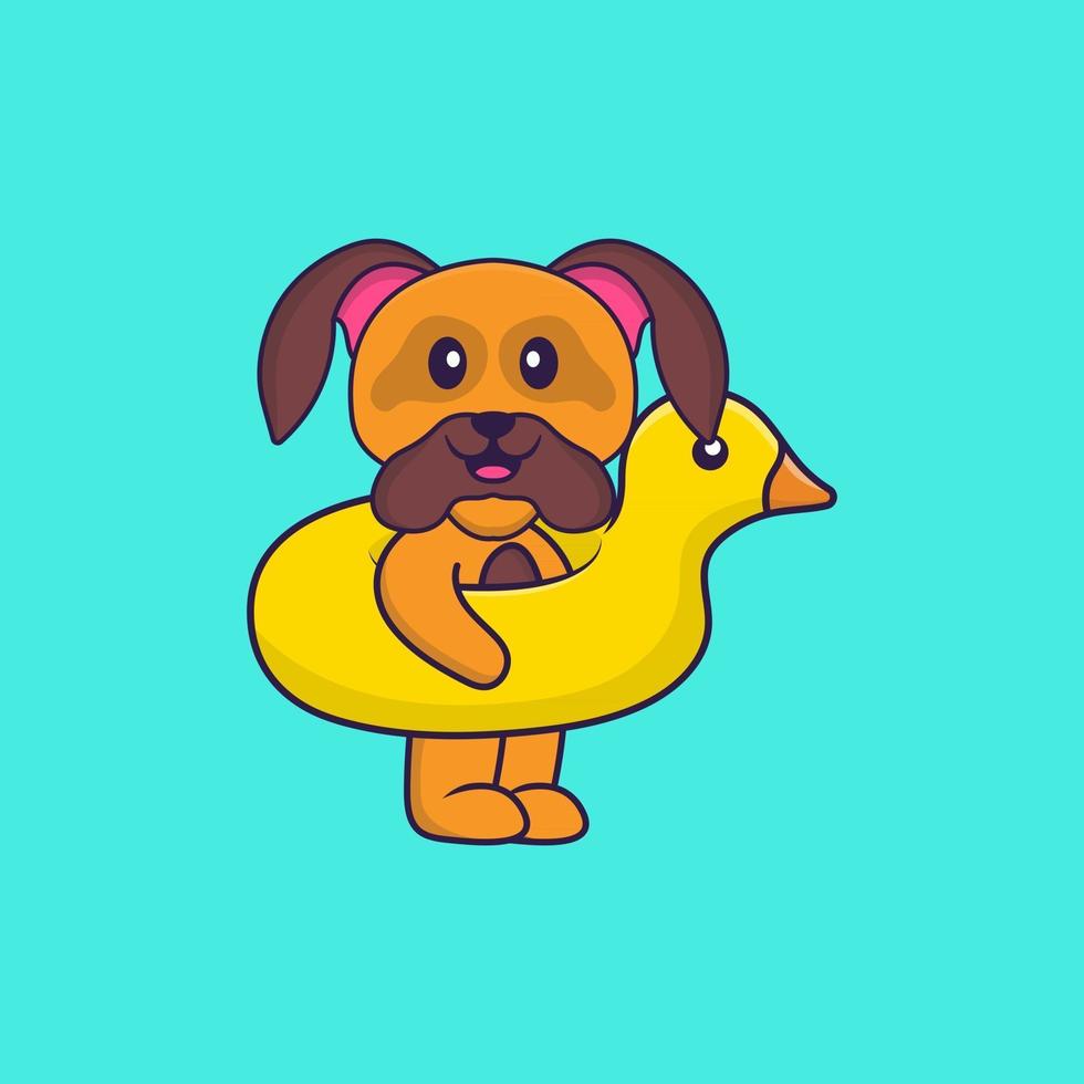 chien mignon avec bouée de canard. concept de dessin animé animal isolé. peut être utilisé pour un t-shirt, une carte de voeux, une carte d'invitation ou une mascotte. style cartoon plat vecteur