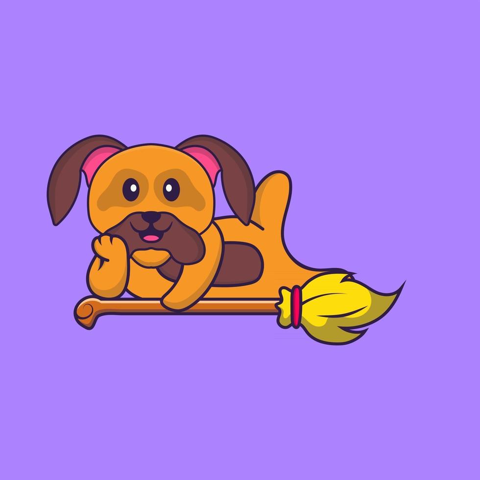 chien mignon allongé sur un balai magique. concept de dessin animé animal isolé. peut être utilisé pour un t-shirt, une carte de voeux, une carte d'invitation ou une mascotte. style cartoon plat vecteur