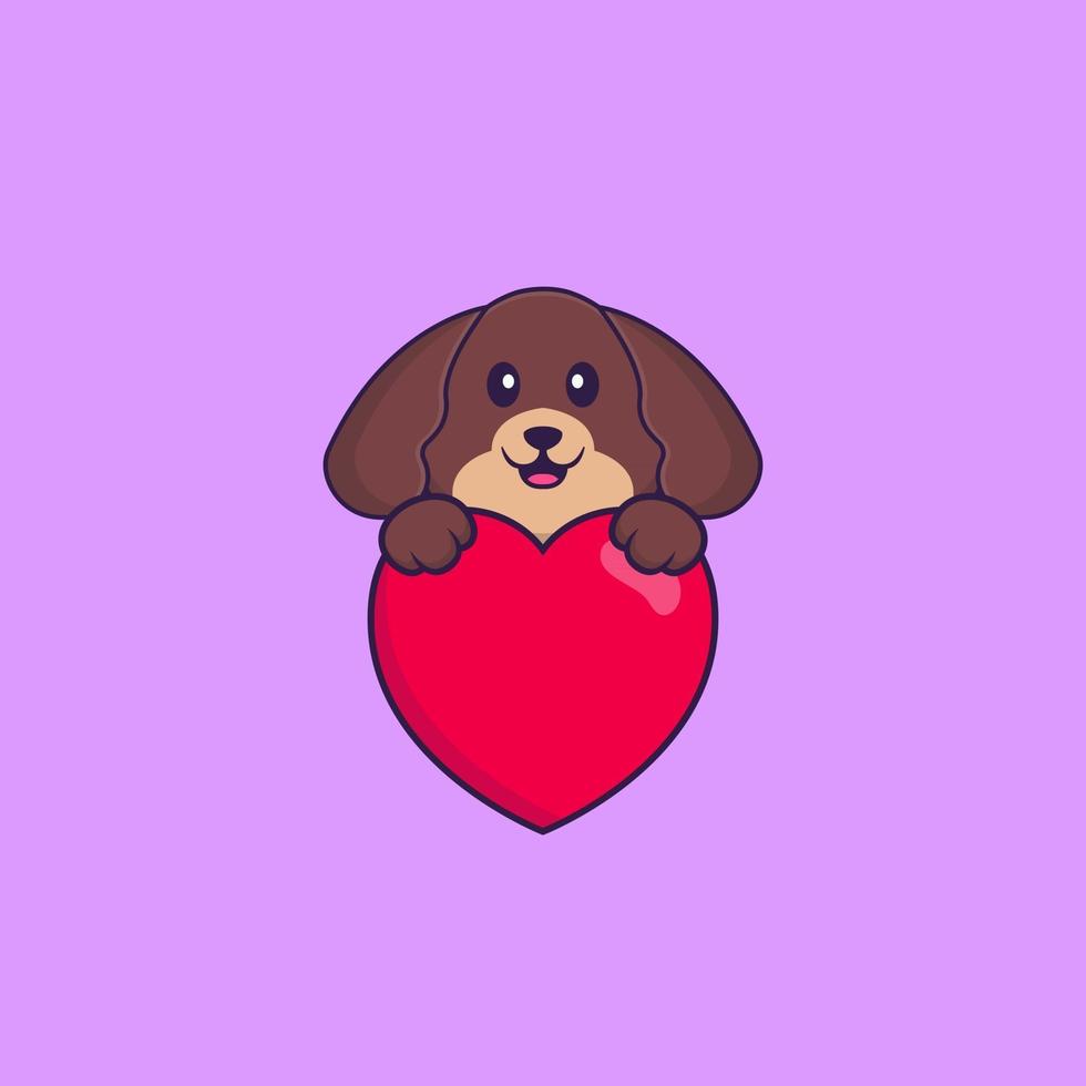 chien mignon tenant un gros coeur rouge. concept de dessin animé animal isolé. peut être utilisé pour un t-shirt, une carte de voeux, une carte d'invitation ou une mascotte. style cartoon plat vecteur