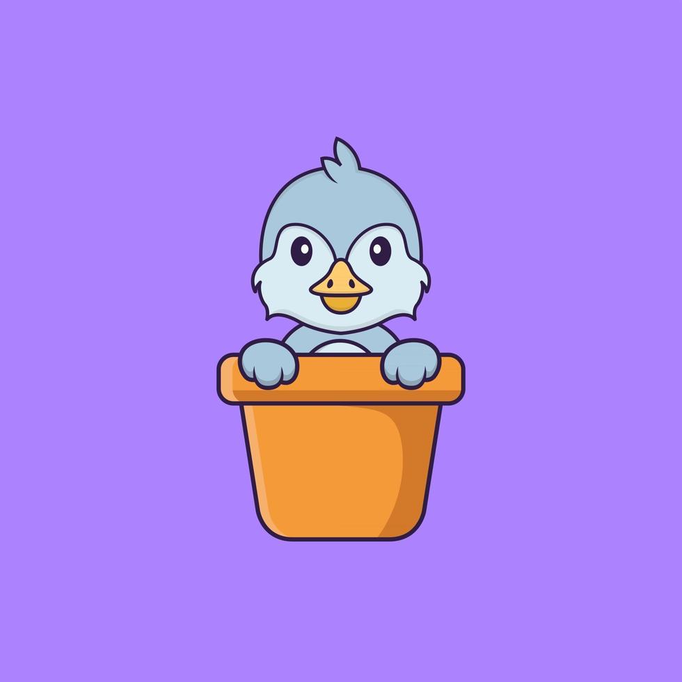 oiseau mignon dans un vase à fleurs. concept de dessin animé animal isolé. peut être utilisé pour un t-shirt, une carte de voeux, une carte d'invitation ou une mascotte. style cartoon plat vecteur