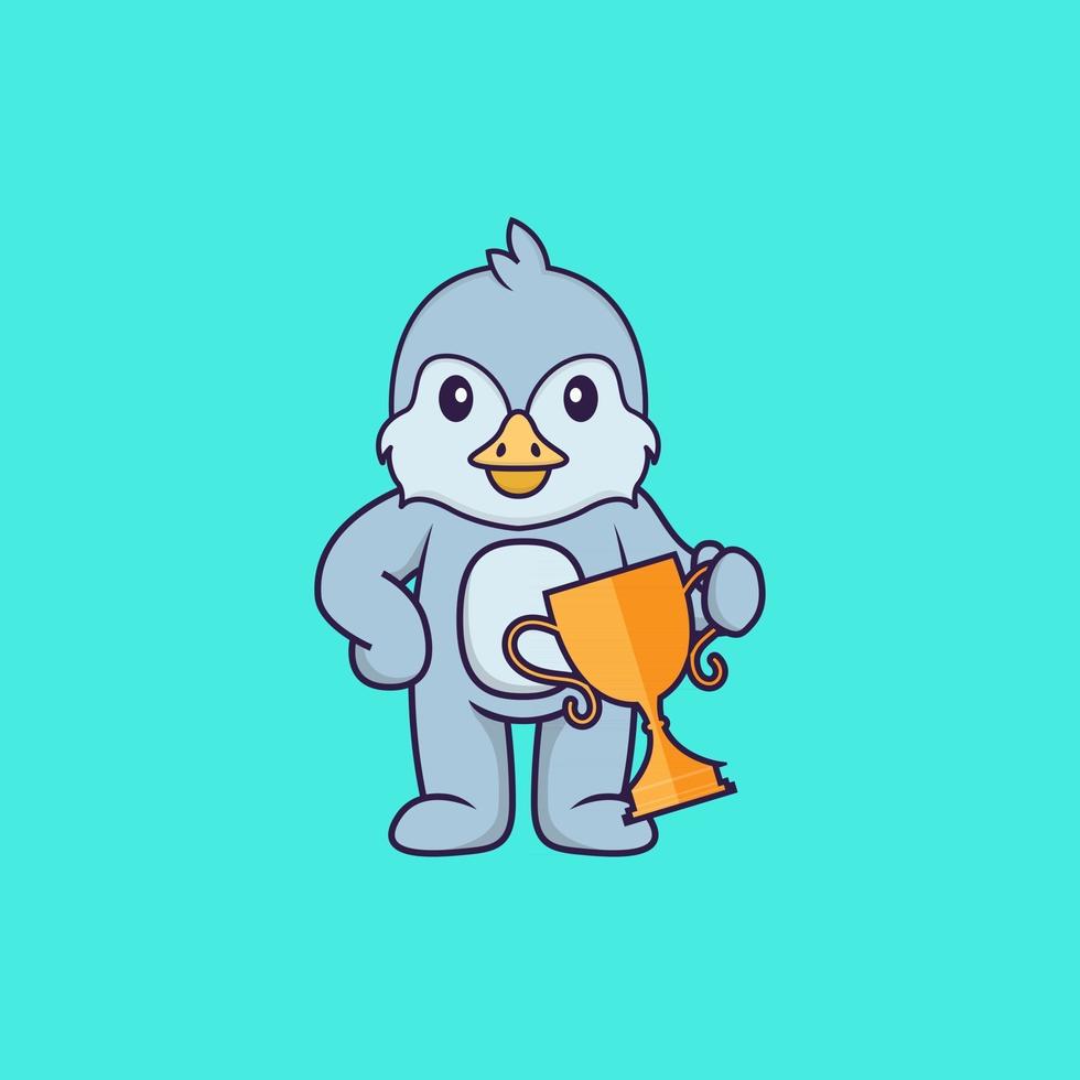 oiseau mignon tenant le trophée d'or. concept de dessin animé animal isolé. peut être utilisé pour un t-shirt, une carte de voeux, une carte d'invitation ou une mascotte. style cartoon plat vecteur