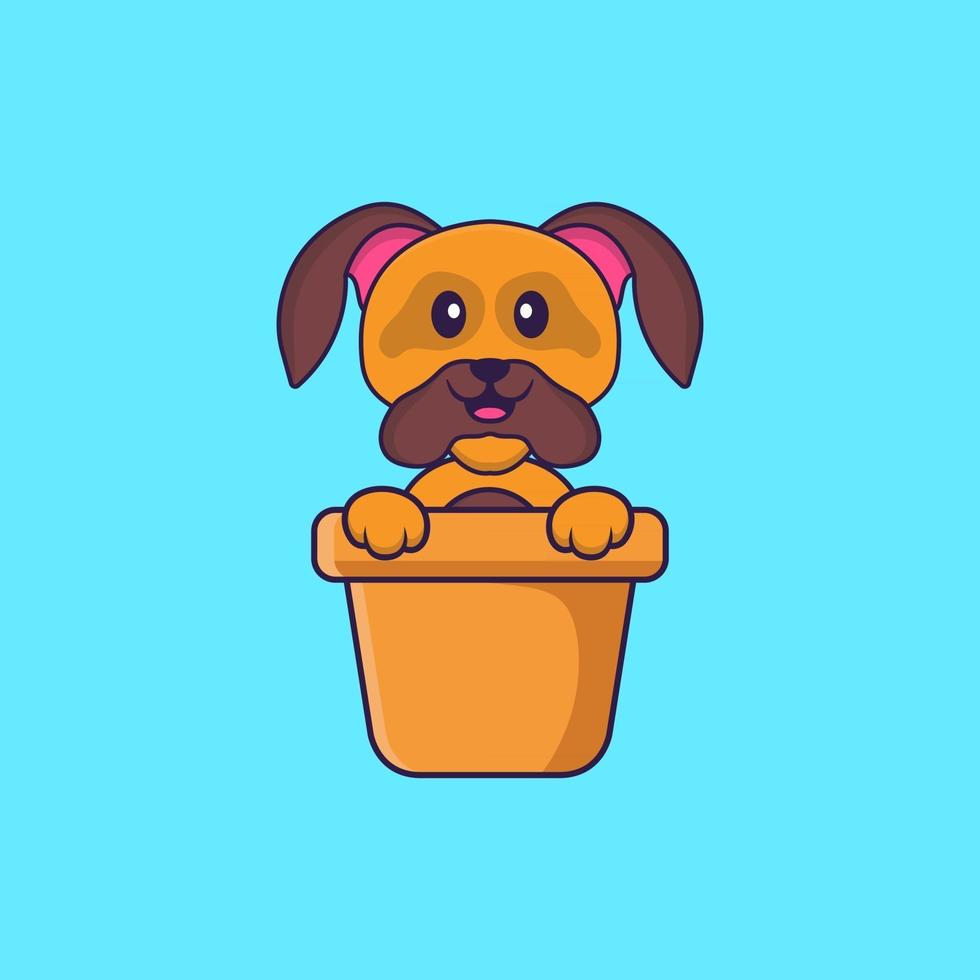 chien mignon dans un vase à fleurs. concept de dessin animé animal isolé. peut être utilisé pour un t-shirt, une carte de voeux, une carte d'invitation ou une mascotte. style cartoon plat vecteur