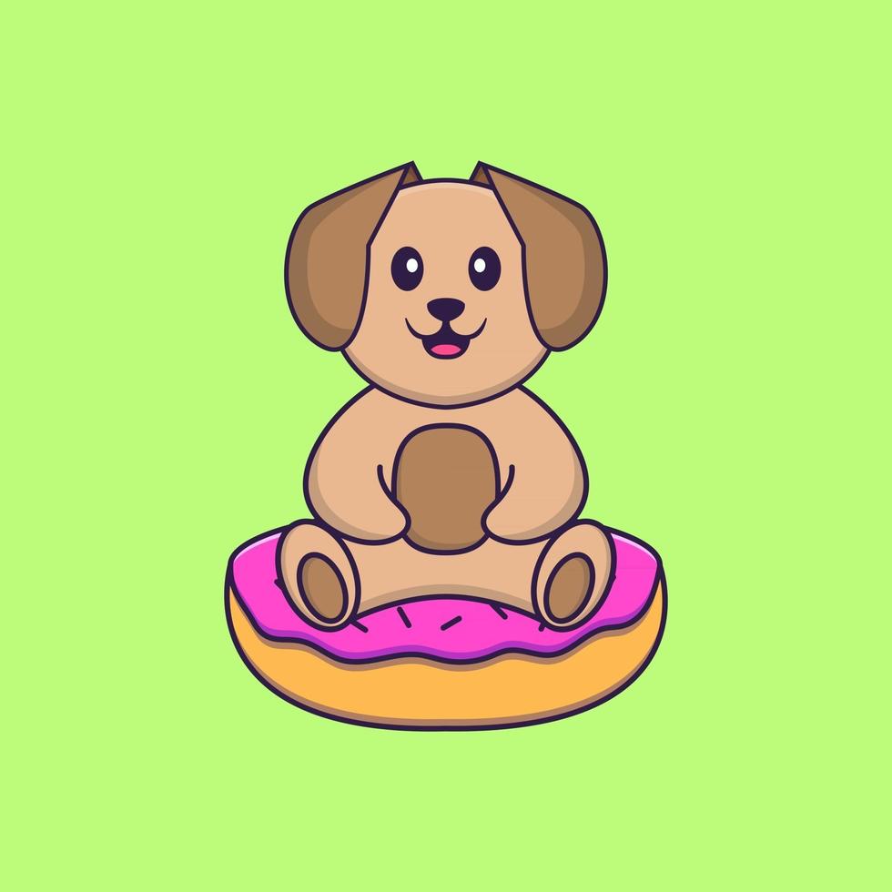 chien mignon est assis sur des beignets. concept de dessin animé animal isolé. peut être utilisé pour un t-shirt, une carte de voeux, une carte d'invitation ou une mascotte. style cartoon plat vecteur