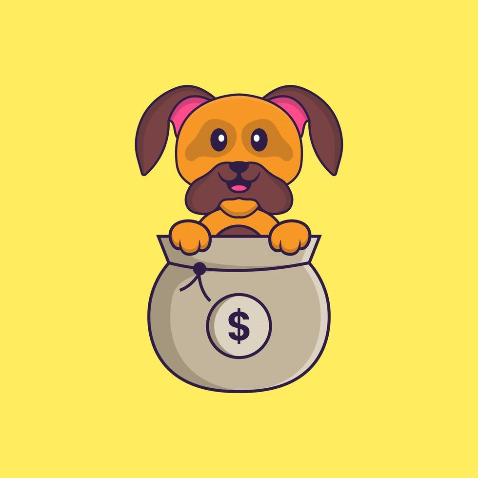 chien mignon jouant dans un sac d'argent. concept de dessin animé animal isolé. peut être utilisé pour un t-shirt, une carte de voeux, une carte d'invitation ou une mascotte. style cartoon plat vecteur