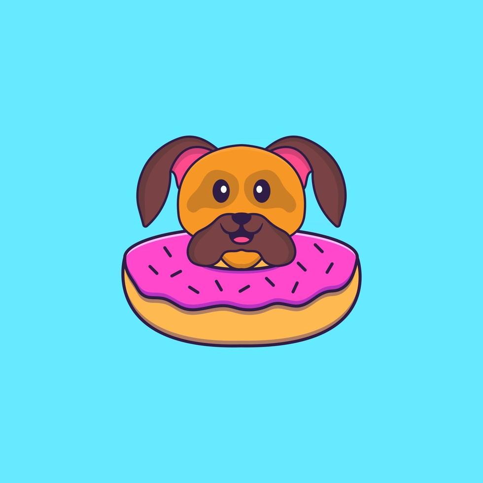 chien mignon avec un beignet sur son cou. concept de dessin animé animal isolé. peut être utilisé pour un t-shirt, une carte de voeux, une carte d'invitation ou une mascotte. style cartoon plat vecteur