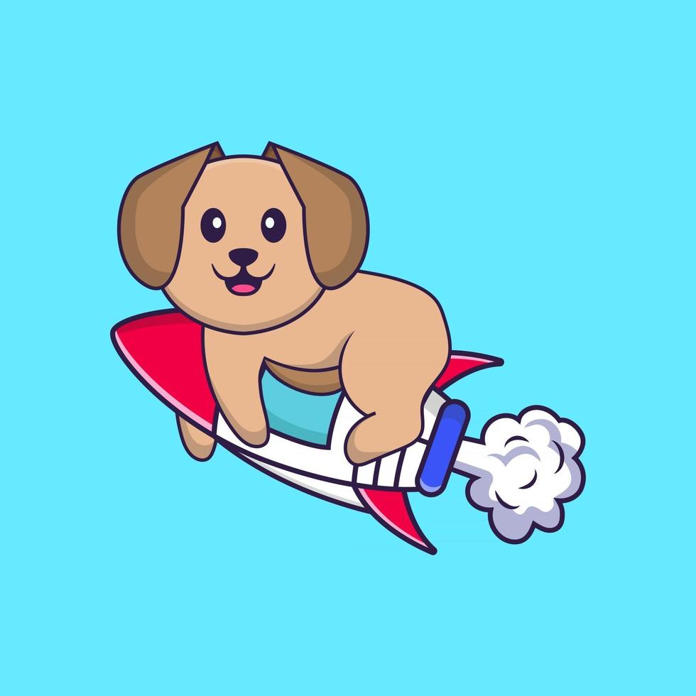 chien mignon volant sur fusée. concept de dessin animé animal isolé. peut être utilisé pour un t-shirt, une carte de voeux, une carte d'invitation ou une mascotte. style cartoon plat vecteur