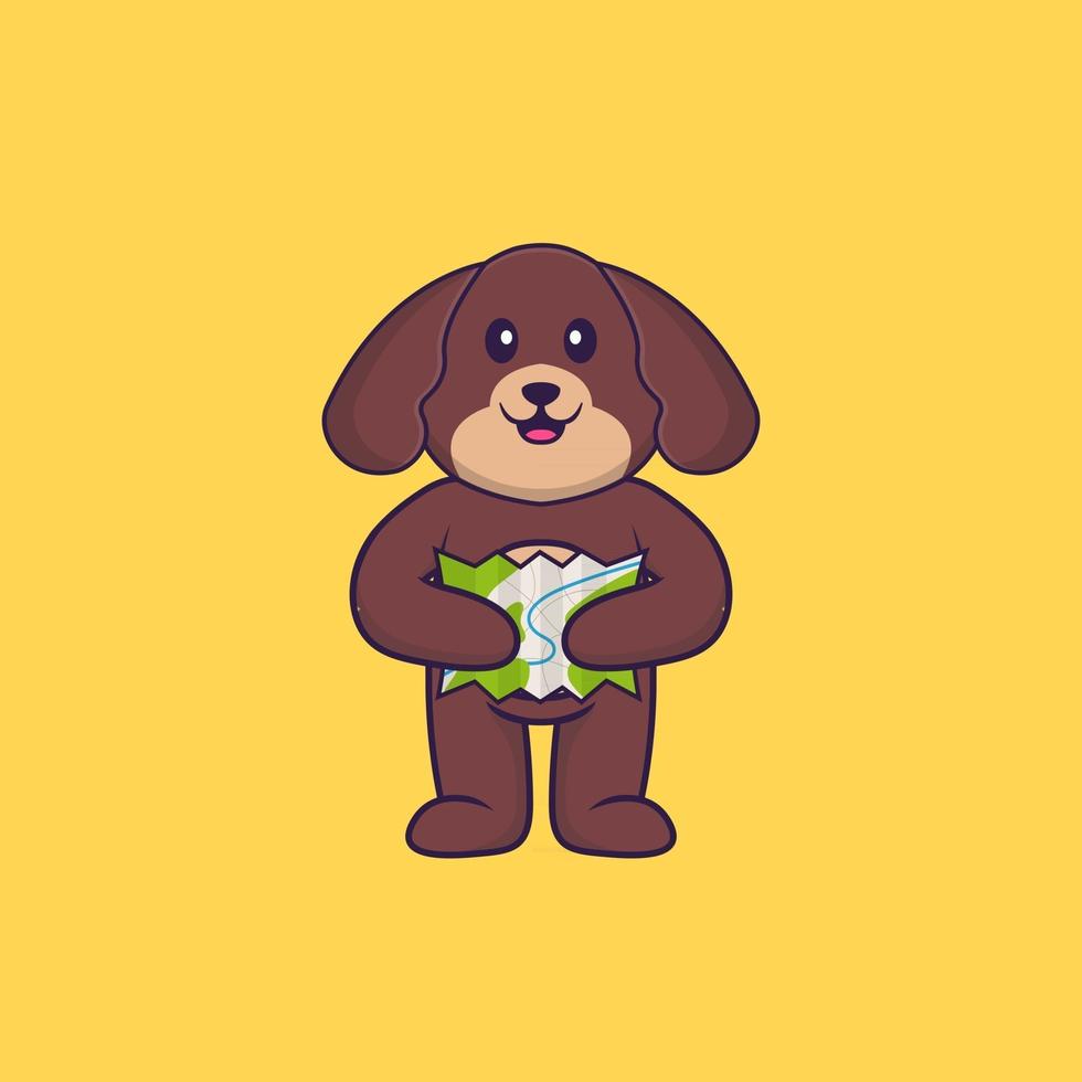 chien mignon tenant une carte. concept de dessin animé animal isolé. peut être utilisé pour un t-shirt, une carte de voeux, une carte d'invitation ou une mascotte. style cartoon plat vecteur