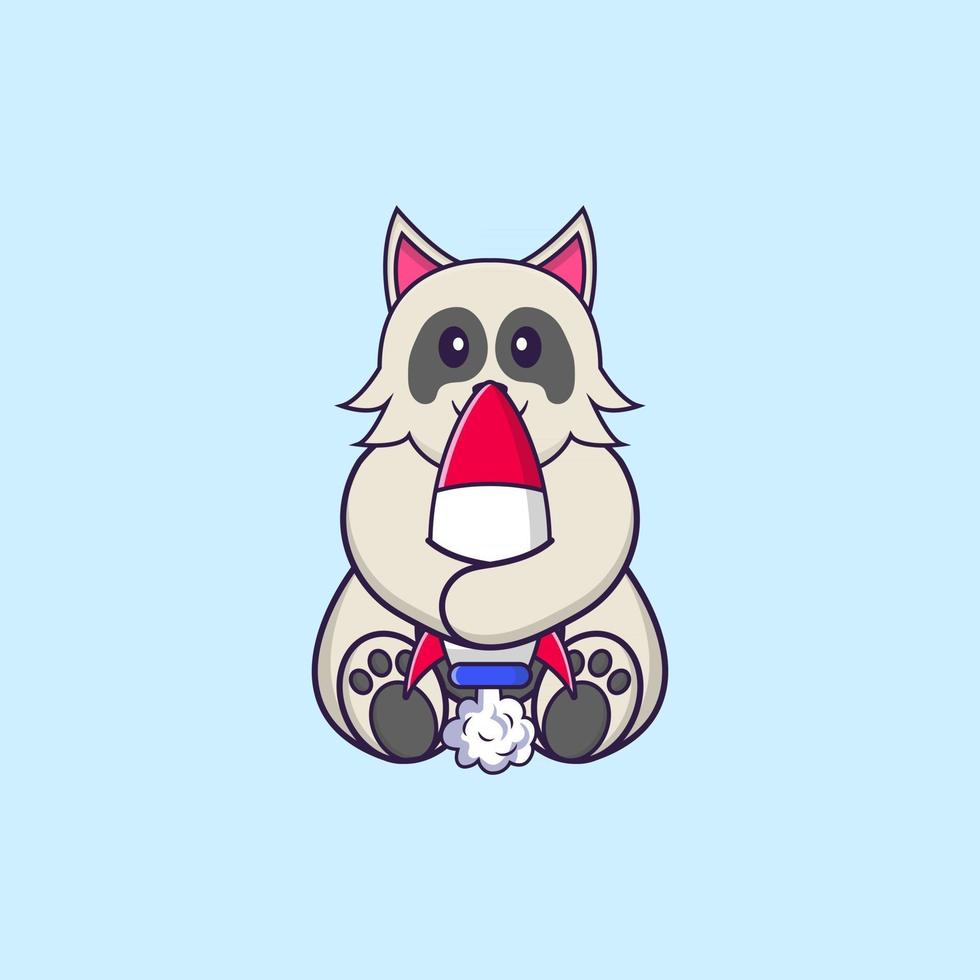 chien mignon tenant une fusée. concept de dessin animé animal isolé. peut être utilisé pour un t-shirt, une carte de voeux, une carte d'invitation ou une mascotte. style cartoon plat vecteur