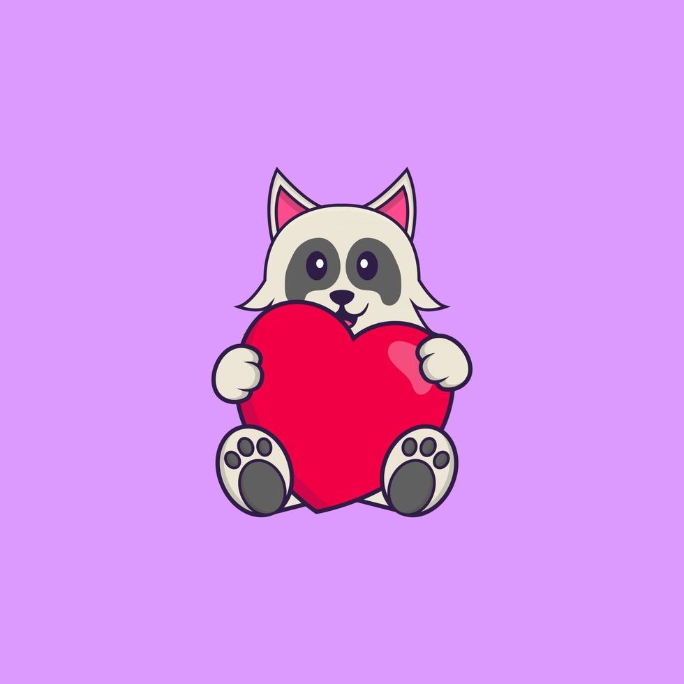 chien mignon tenant un gros coeur rouge. concept de dessin animé animal isolé. peut être utilisé pour un t-shirt, une carte de voeux, une carte d'invitation ou une mascotte. style cartoon plat vecteur