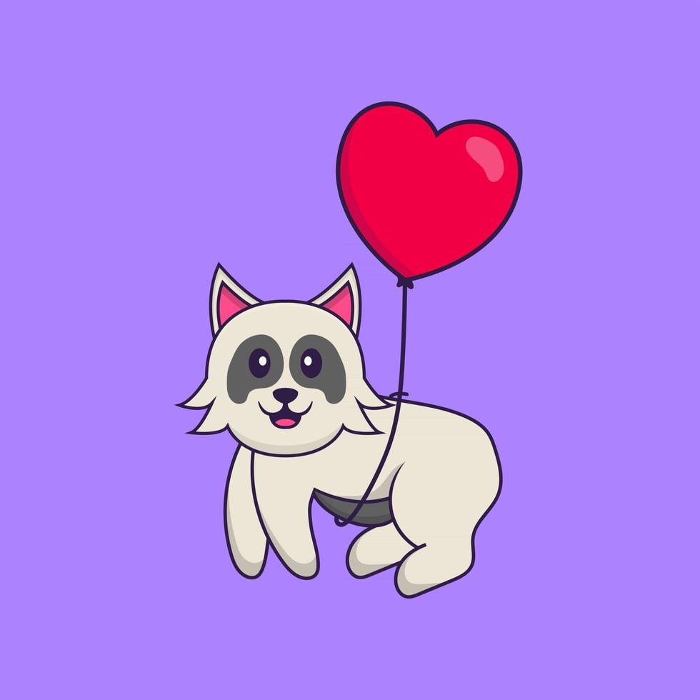 chien mignon volant avec des ballons en forme d'amour. concept de dessin animé animal isolé. peut être utilisé pour un t-shirt, une carte de voeux, une carte d'invitation ou une mascotte. style cartoon plat vecteur