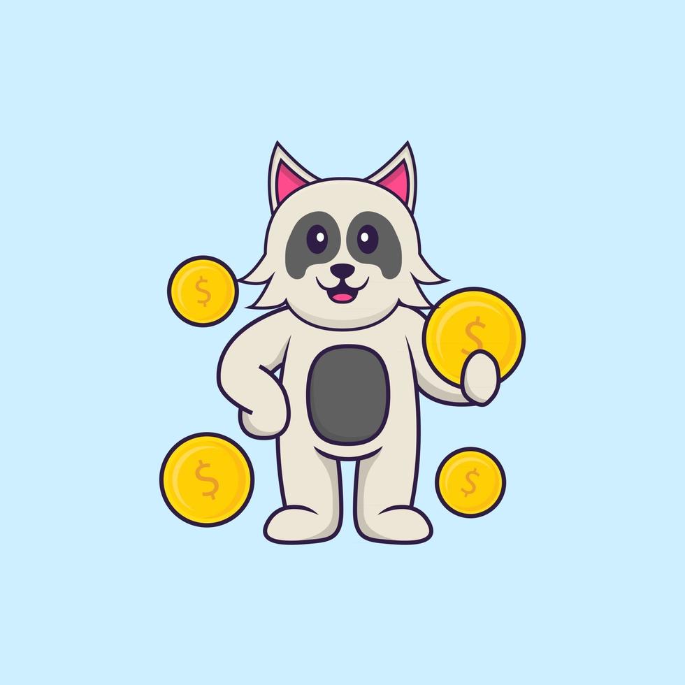 chien mignon tenant la pièce. concept de dessin animé animal isolé. peut être utilisé pour un t-shirt, une carte de voeux, une carte d'invitation ou une mascotte. style cartoon plat vecteur