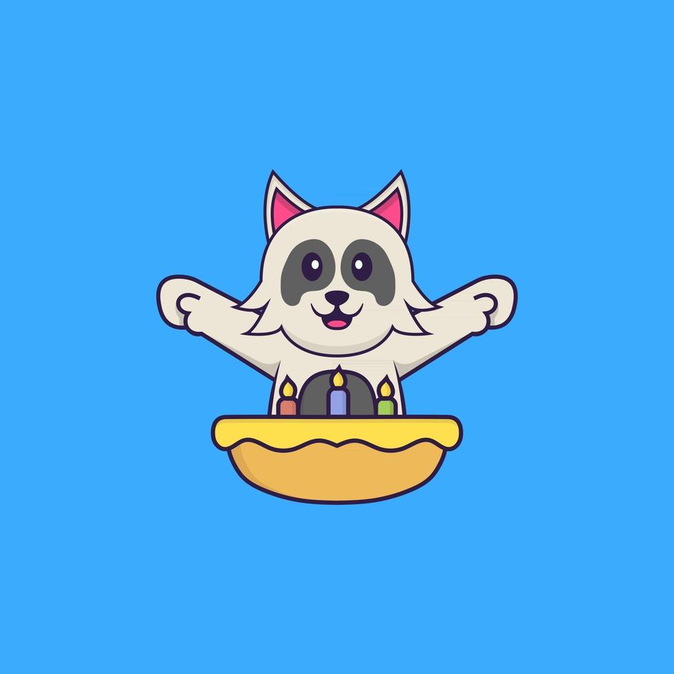 chien mignon avec gâteau d'anniversaire. concept de dessin animé animal isolé. peut être utilisé pour un t-shirt, une carte de voeux, une carte d'invitation ou une mascotte. style cartoon plat vecteur