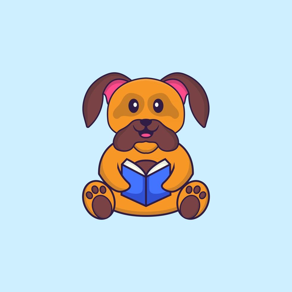 chien mignon lisant un livre. concept de dessin animé animal isolé. peut être utilisé pour un t-shirt, une carte de voeux, une carte d'invitation ou une mascotte. style cartoon plat vecteur