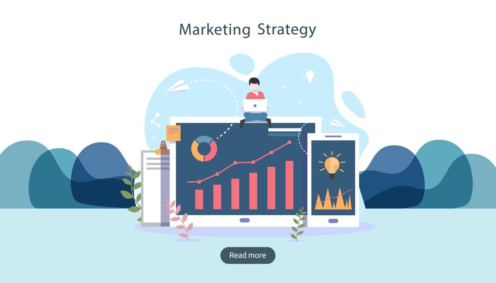 concept de stratégie de marketing numérique avec personnage minuscule, table, objet graphique sur écran d'ordinateur. design plat moderne de marketing des médias sociaux en ligne pour la page de destination et le modèle de site Web mobile vecteur