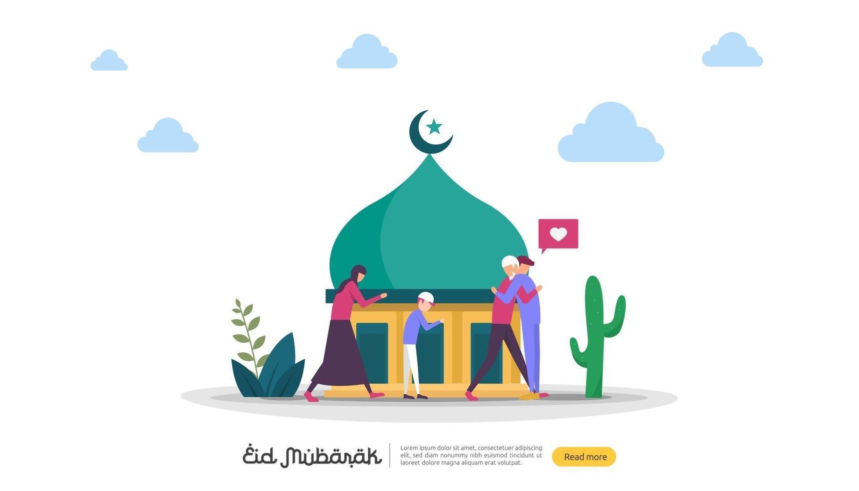 concept d'illustration de conception islamique pour un joyeux eid mubarak ou une salutation de ramadan avec le caractère des gens. modèle pour la page de destination Web, la bannière, la présentation, le social, l'affiche, la publicité, la promotion ou les médias imprimés. vecteur