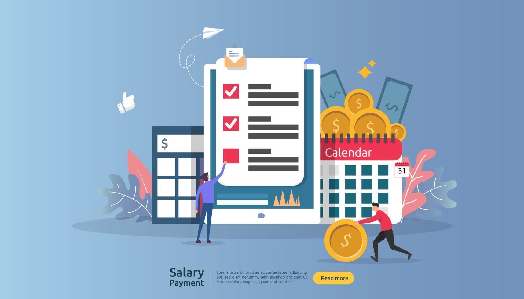 concept de revenu de paie. prime annuelle de paiement du salaire. paiement avec papier, calculatrice et personnage. modèle de page de destination Web, bannière, présentation, médias sociaux et imprimés. illustration vectorielle vecteur