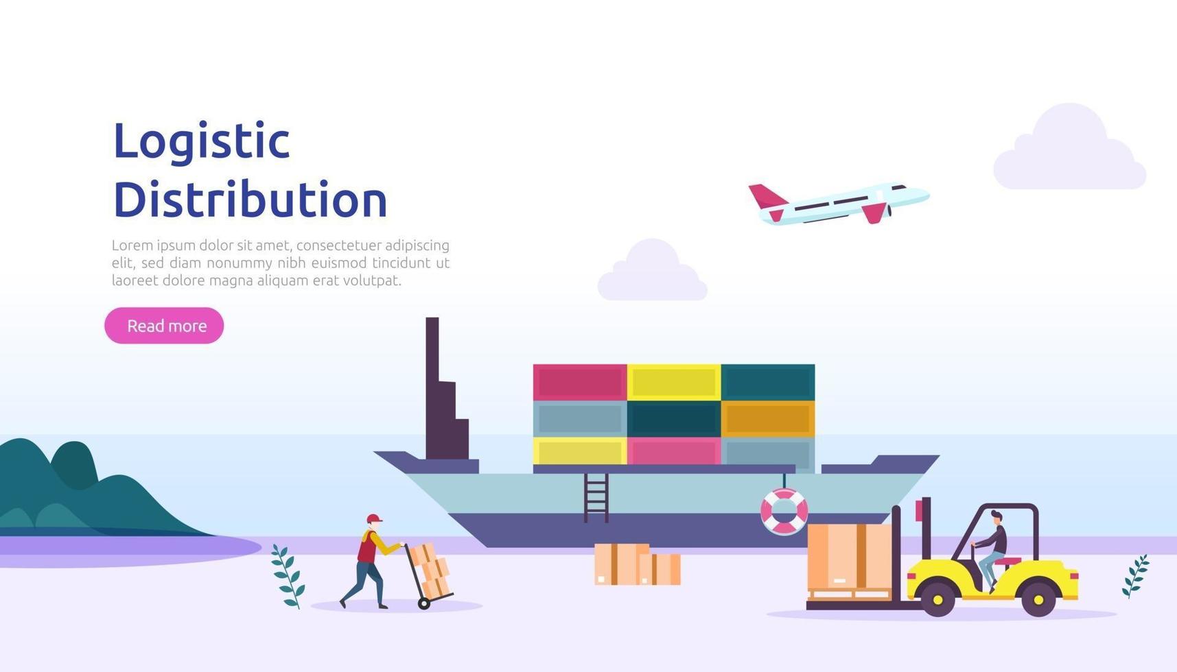 concept d'illustration de service de distribution logistique mondiale. livraison dans le monde entier bannière d'expédition d'import-export avec personnage pour page de destination Web, présentation, médias sociaux, affiches ou imprimés vecteur