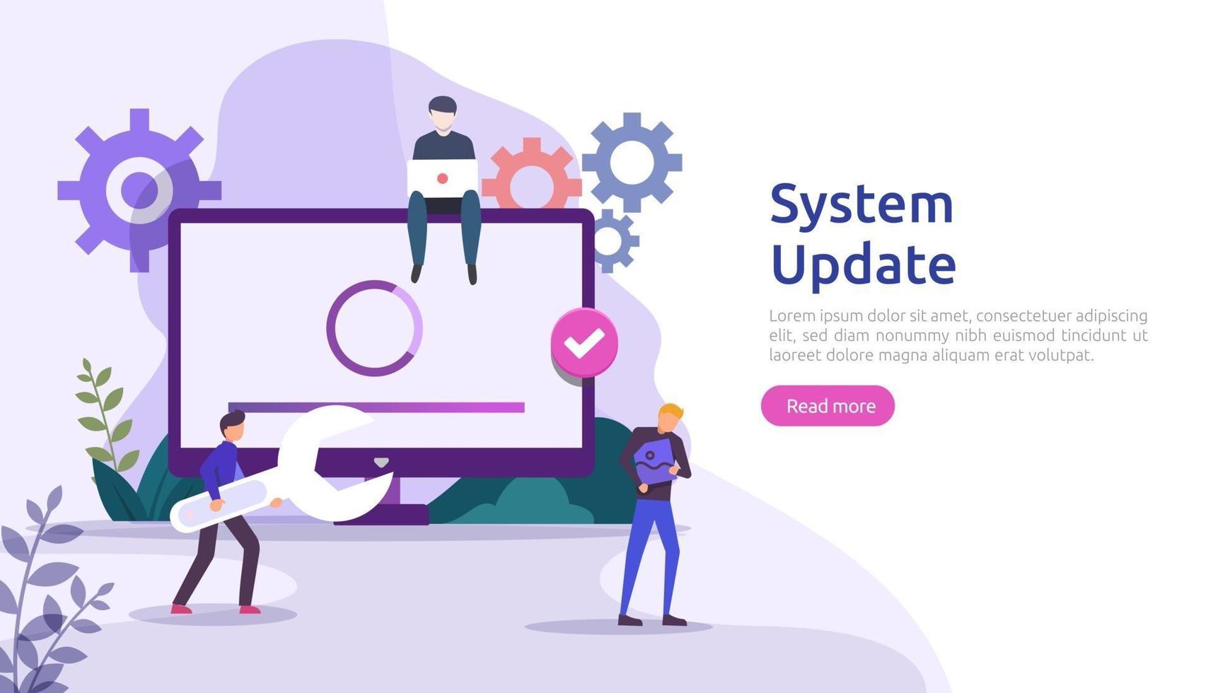 concept de progression de la mise à jour du système d'exploitation. processus de synchronisation des données et programme d'installation. illustration modèle de page de destination web, bannière, présentation, interface utilisateur, affiche, publicité, promotion ou support imprimé. vecteur