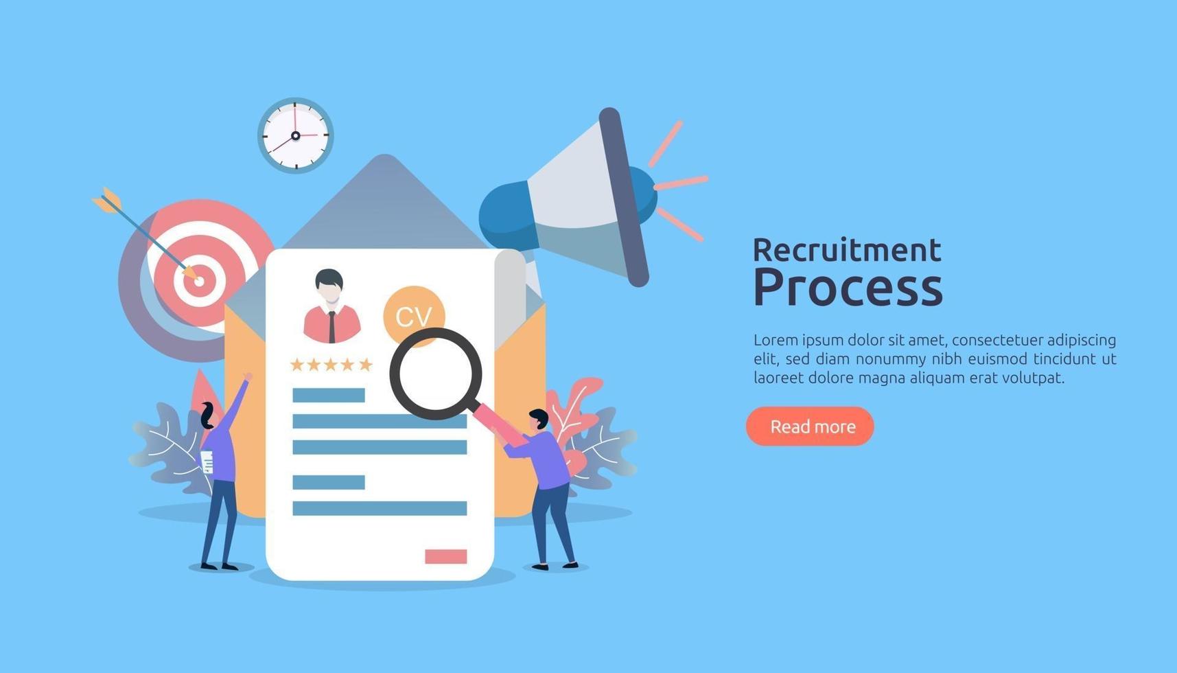 embauche d'emplois, concept de recrutement en ligne avec caractère humain. entretien en agence. sélectionnez le processus de reprise. modèle pour la page de destination Web, la bannière, la présentation, les médias sociaux. illustration vectorielle vecteur