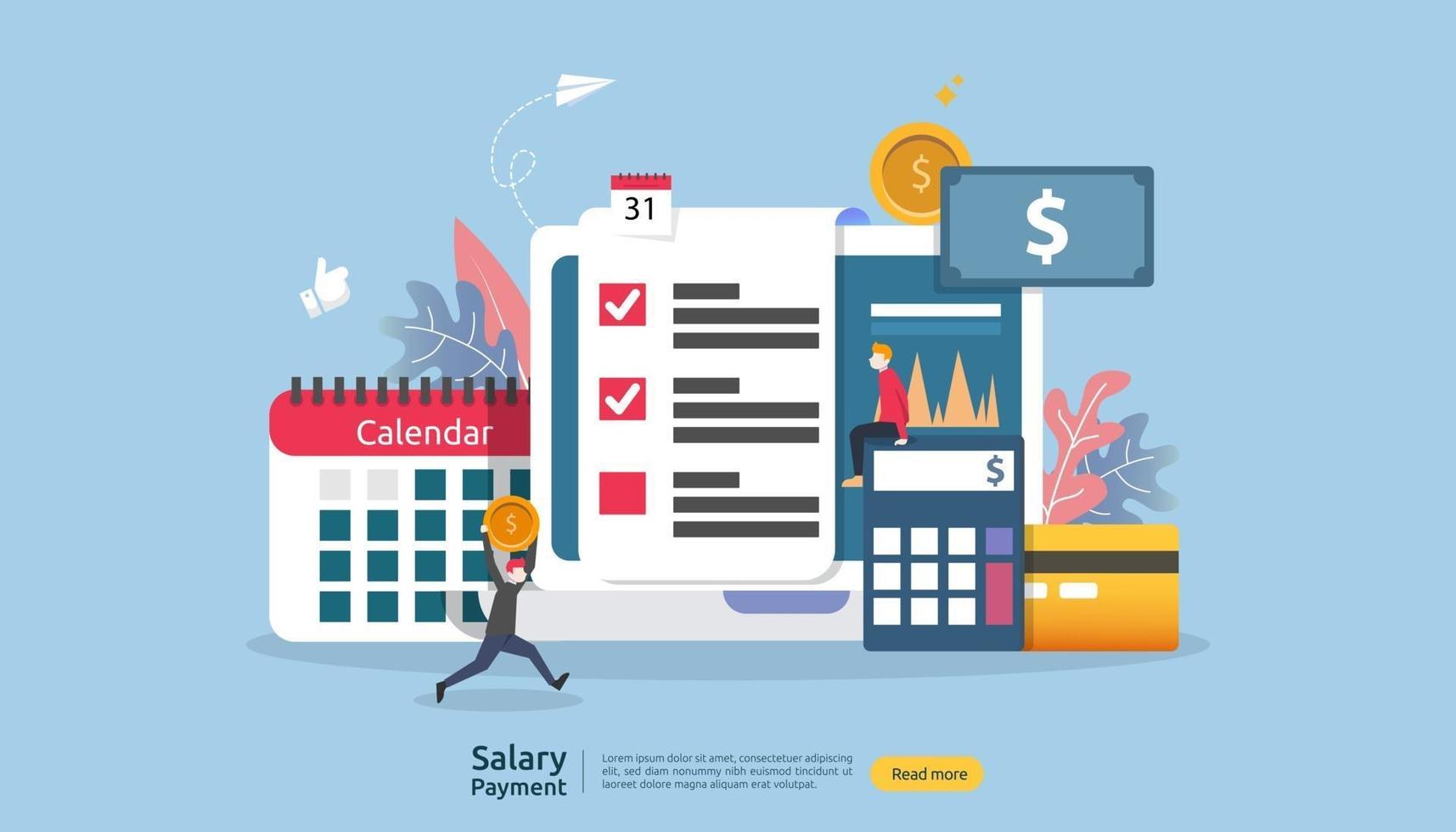 concept de revenu de paie. prime annuelle de paiement du salaire. paiement avec papier, calculatrice et personnage. modèle de page de destination Web, bannière, présentation, médias sociaux et imprimés. illustration vectorielle vecteur