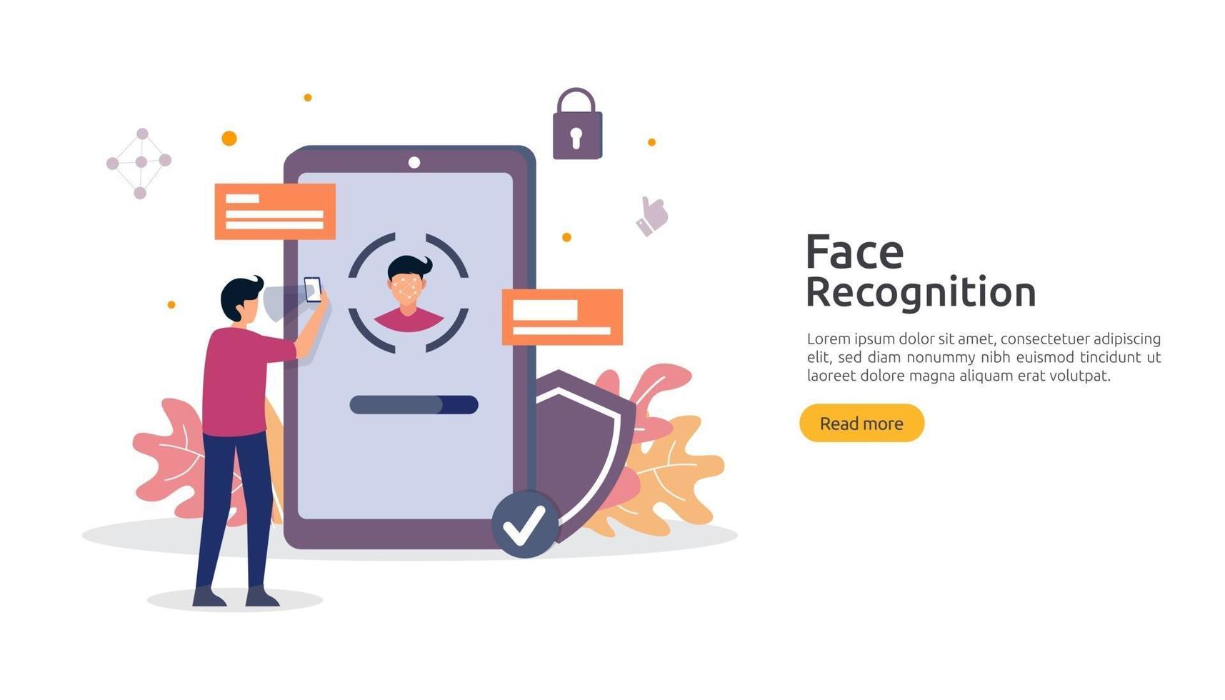 conception de la sécurité des données de reconnaissance faciale. numérisation du système d'identification biométrique faciale sur smartphone. modèle de page de destination Web, bannière, présentation, social, affiche, publicité, promotion ou support imprimé. vecteur