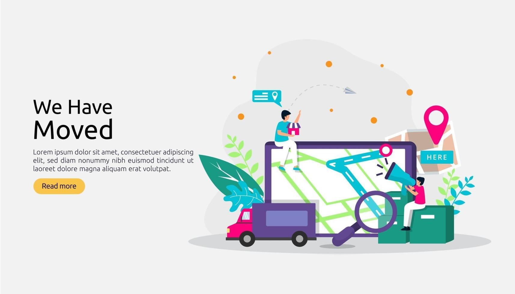 nouvelle entreprise d'annonce d'emplacement ou changement de concept d'adresse de bureau. nous avons déplacé l'illustration vectorielle pour le modèle de page de destination, l'application mobile, l'affiche, la bannière, le dépliant, l'interface utilisateur, le Web et l'arrière-plan vecteur