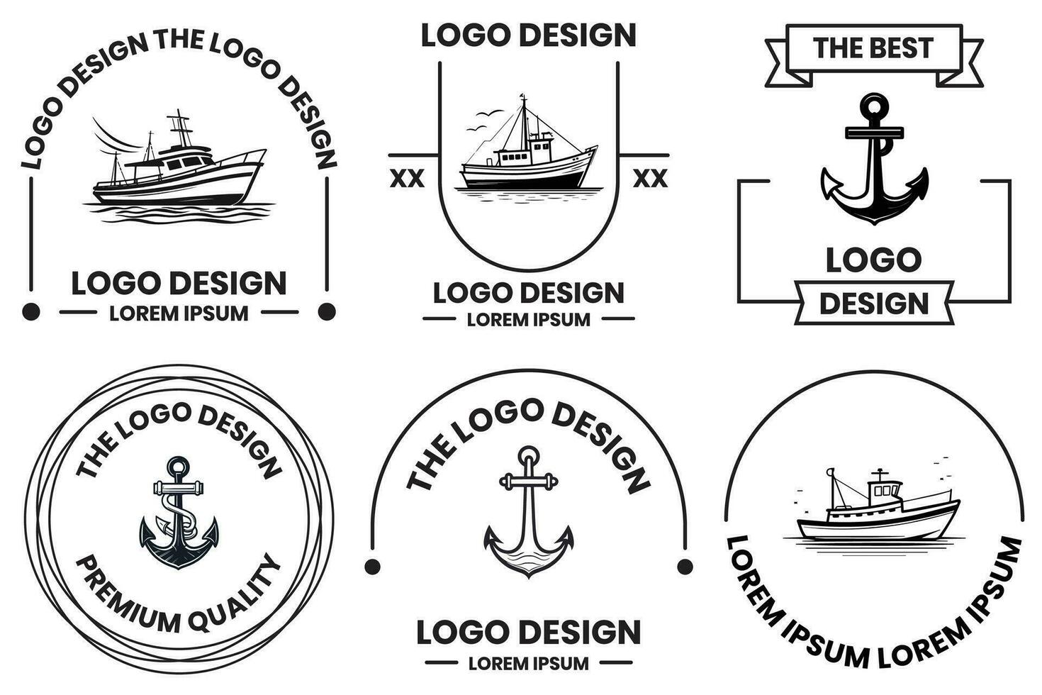 pêche et maritime logo dans plat ligne art style vecteur