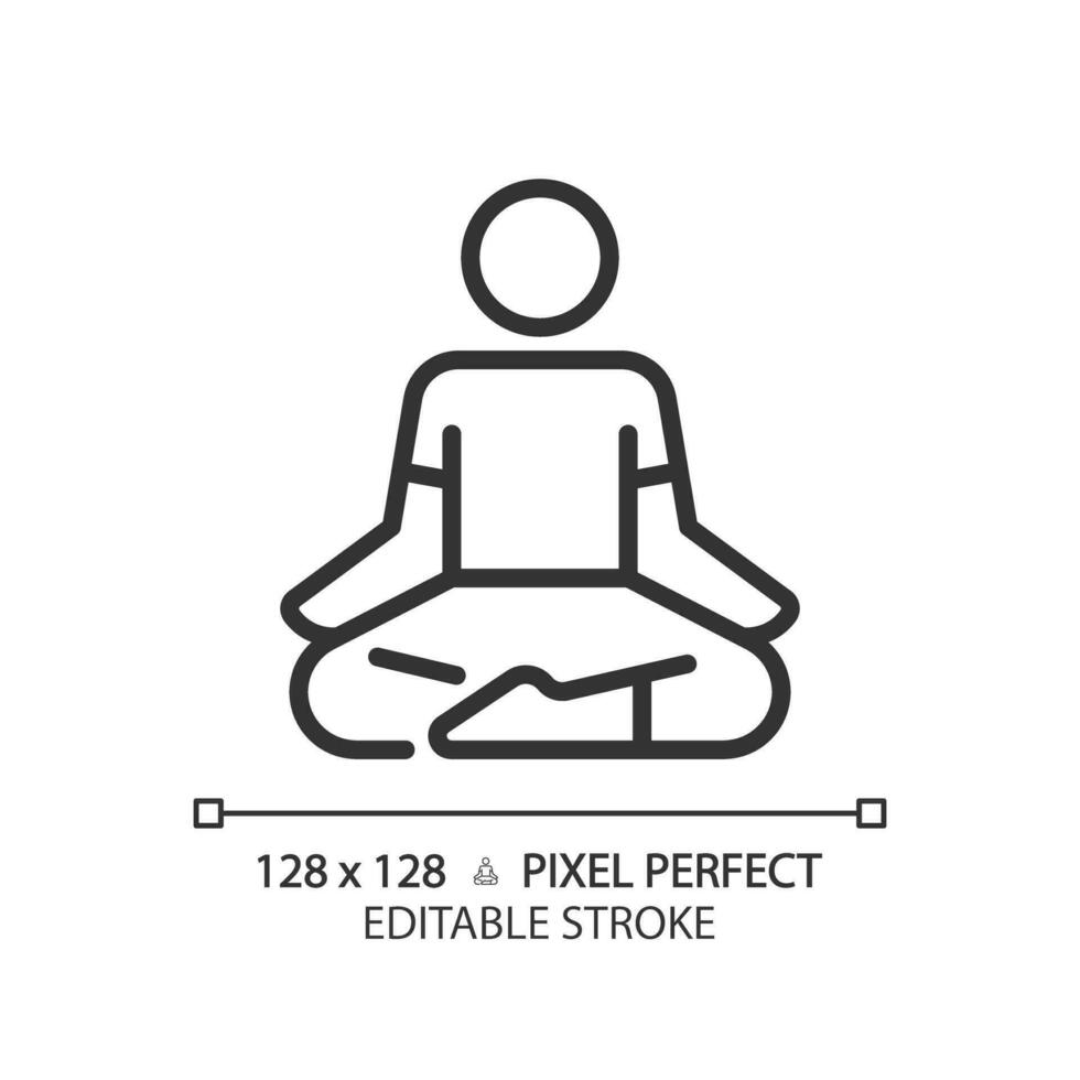 2d pixel parfait modifiable noir lotus position icône, isolé vecteur, méditation mince ligne illustration. vecteur