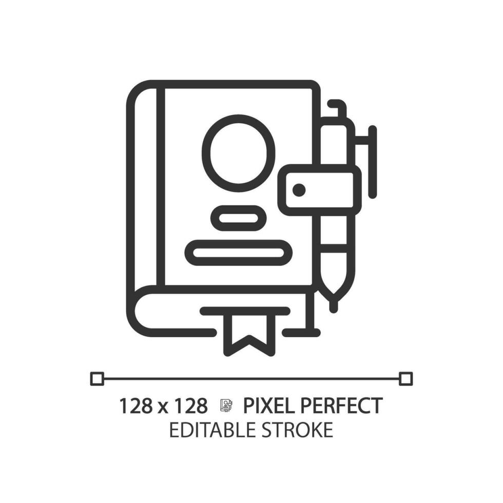 2d pixel parfait modifiable noir livre icône, isolé vecteur, méditation mince ligne illustration. vecteur