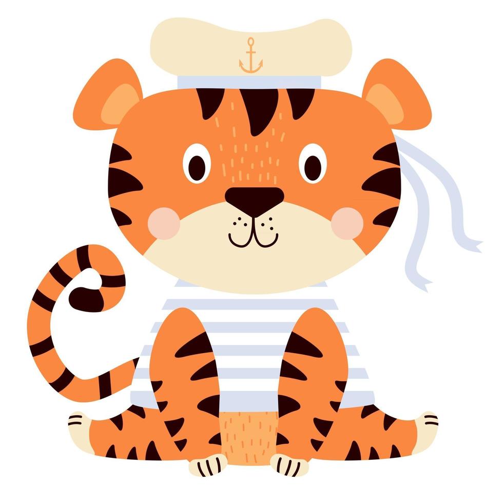 tigre mignon. un personnage amusant en vêtements de mer - un gilet rayé et un chapeau avec une ancre avec des rubans. illustration vectorielle. 2022 année du tigre. isolé pour la conception, l'impression, les cartes postales et la décoration vecteur