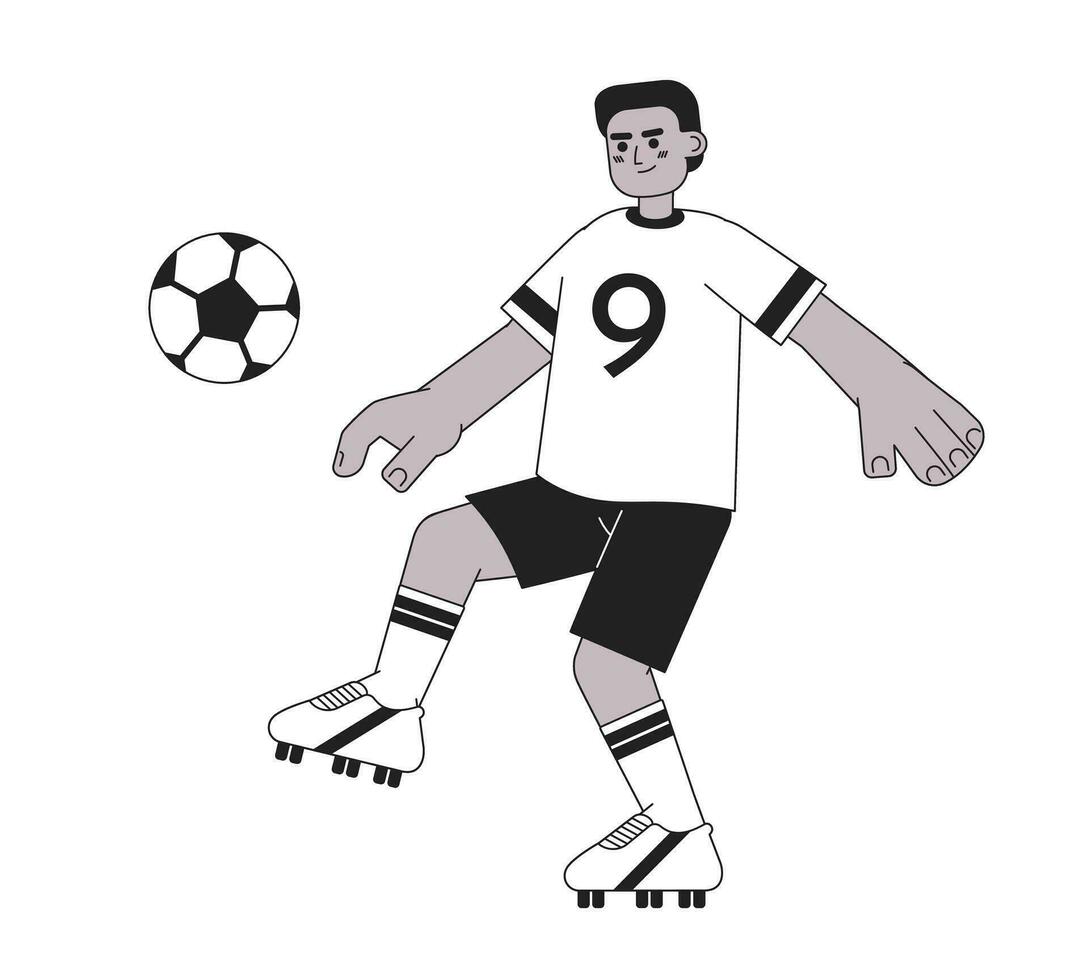 africain américain footballeur monochromatique plat vecteur personnage. homme coups de pied balle. sport jeu. modifiable mince ligne plein corps la personne sur blanche. Facile bw dessin animé place image pour la toile graphique conception