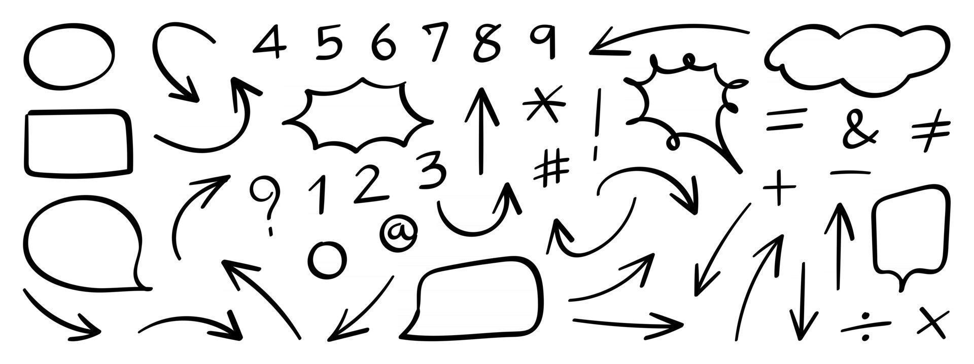 ensemble d'icônes vectorielles flèche dessinée à la main. croquis de conception de flèche pour le plan d'affaires et l'éducation. vecteur