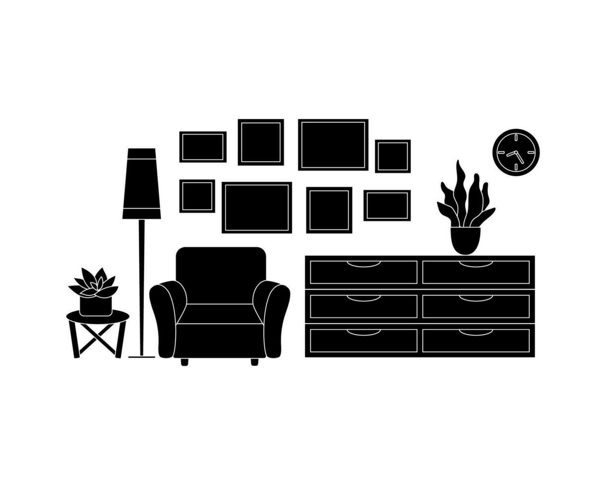 meubles composition dans vecteur graphique, un fauteuil, une lampe, une table comme une esquisser. le Accueil intérieur de le vivant pièce dans noir et blanc est isolé sur blanche.
