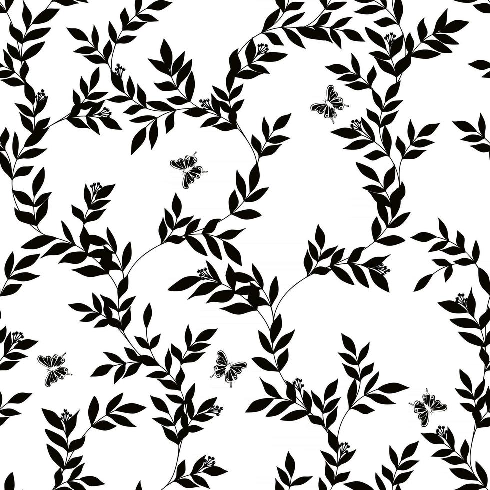 feuilles de silhouettes et modèle sans couture de papillon. impression noir et blanc. vecteur
