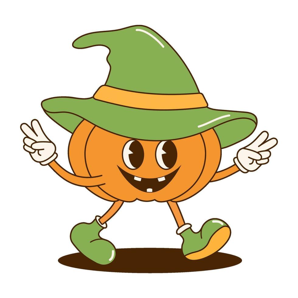 rétro sensationnel mignonne Halloween citrouille autocollant. dessin animé personnage dans branché rétro style. vecteur