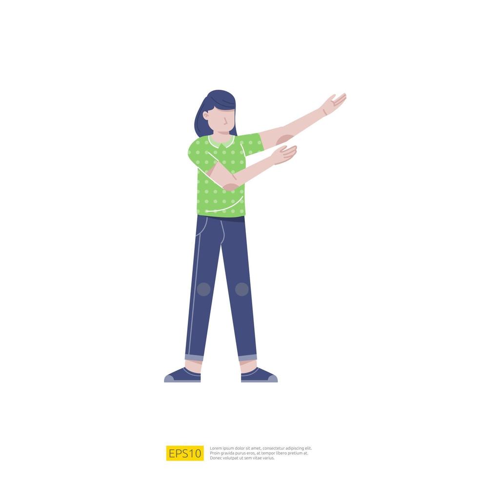 Femme d'affaires ou jeune femme travailleur présentation du personnage pose avec un geste de la main dans un style plat isolé illustration vectorielle vecteur