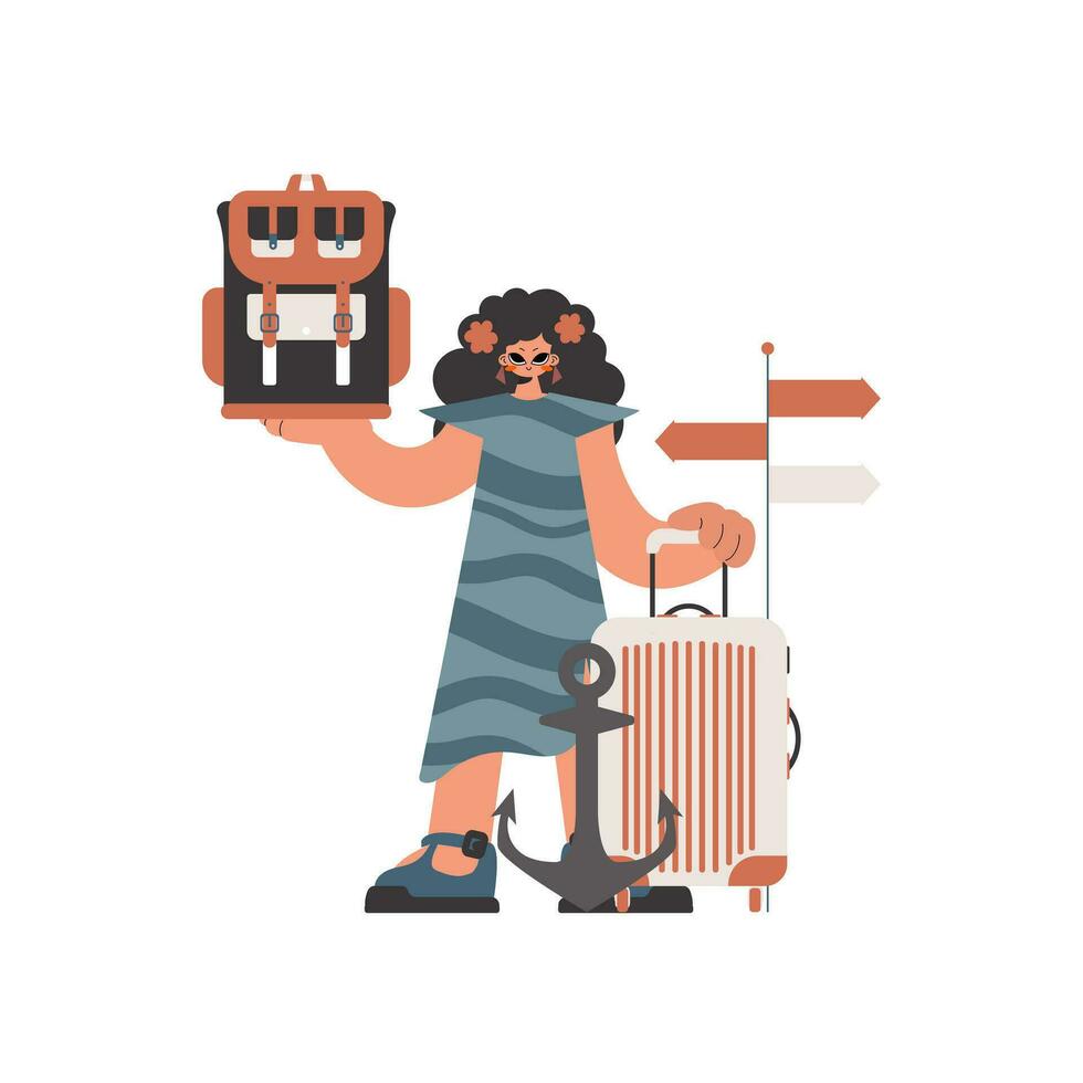 le jeune femme est en portant une Voyage sac à dos et une paquet. isolé sur blanc établissement. branché style, vecteur illustration