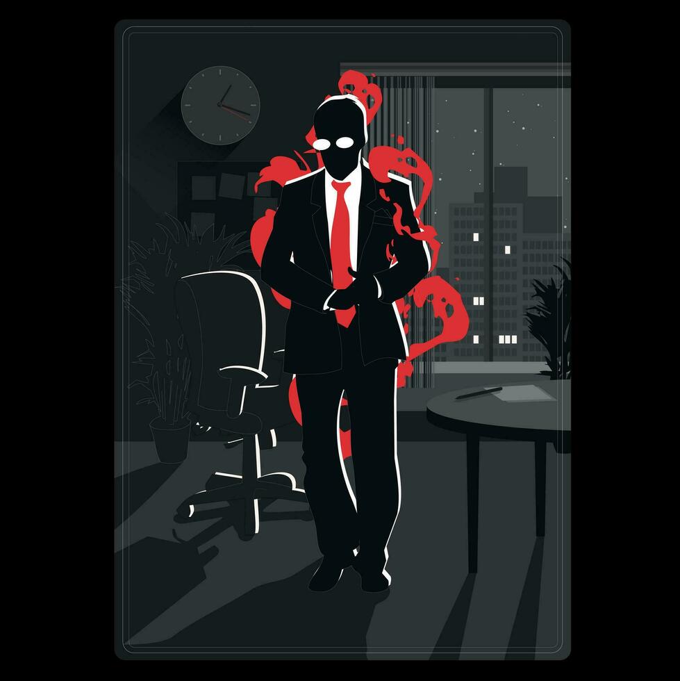 foncé illustration de un Bureau intrus. une silhouette carte de un ennemi ouvrier vecteur