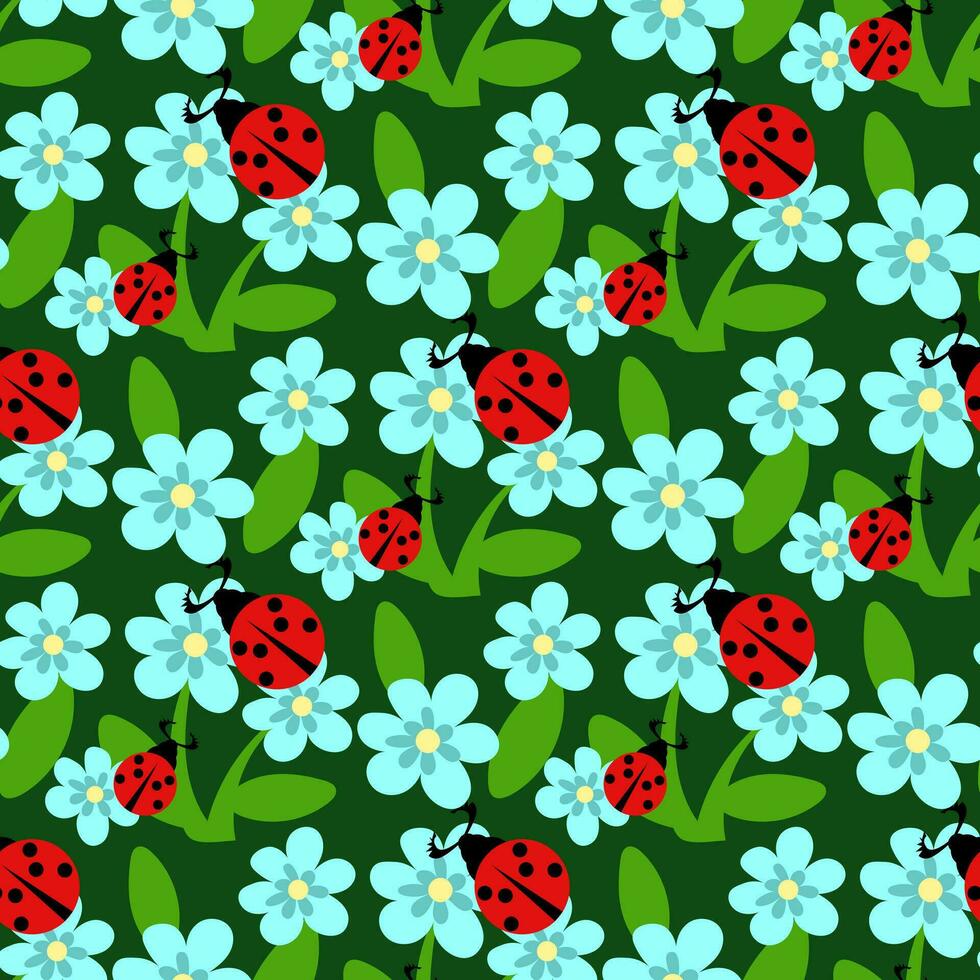 sans couture Contexte de une épanouissement été Prairie avec bleu fleurs et une rouge coccinelle sur une vert Contexte. légume Contexte avec un insecte pour fond d'écran, impression. enfants vecteur illustration