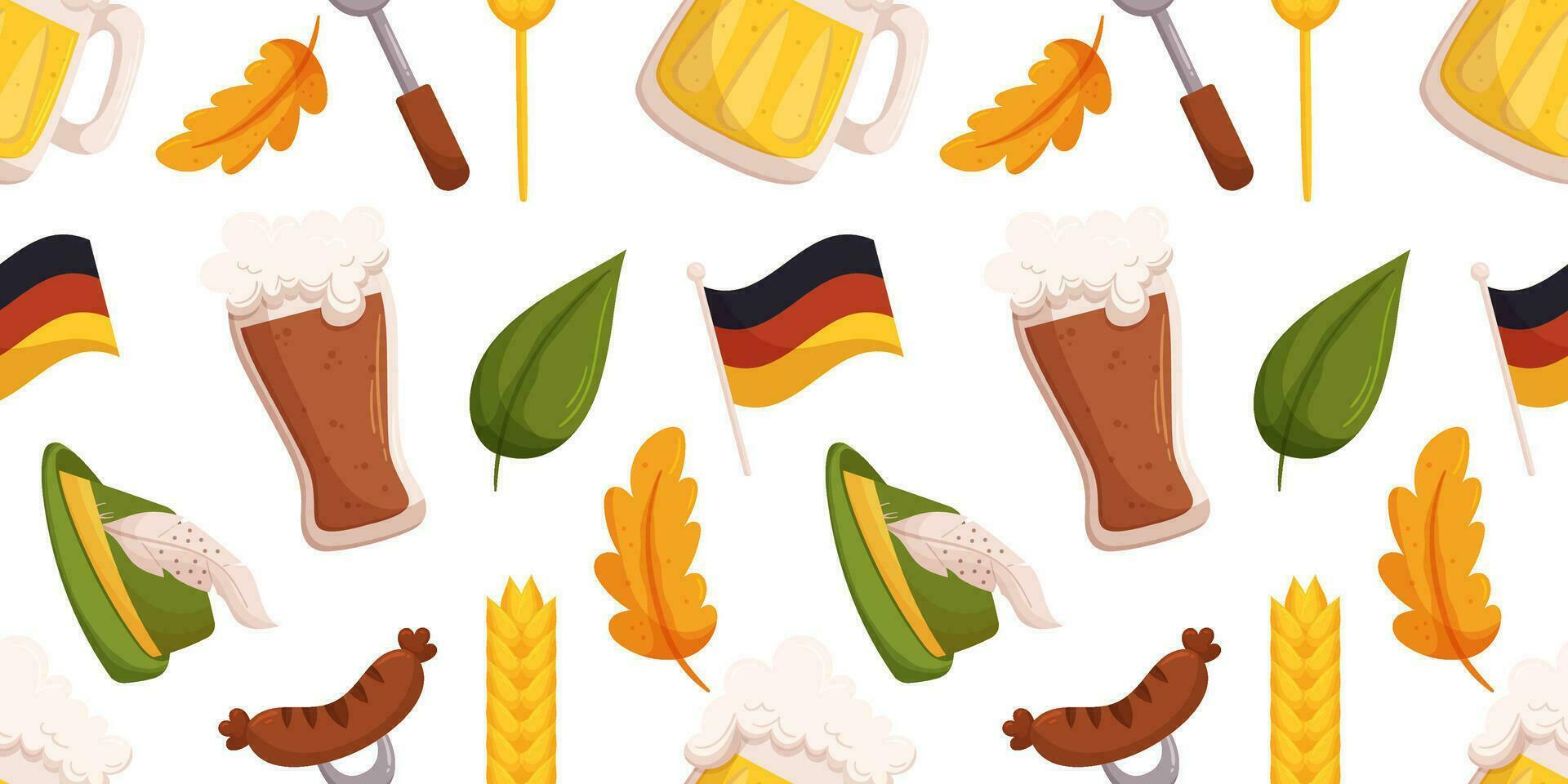 sans couture modèle avec allemand Bière Festival objets tel une allemand drapeau, blé, tyrolienne chapeau, différent feuilles, verre de foncé et lumière Bière vecteur