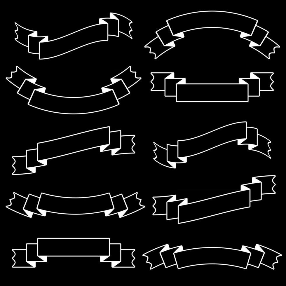 ensemble de bannières de ruban noir plat isolé avec trait blanc. sur fond noir. adapté à la conception vecteur