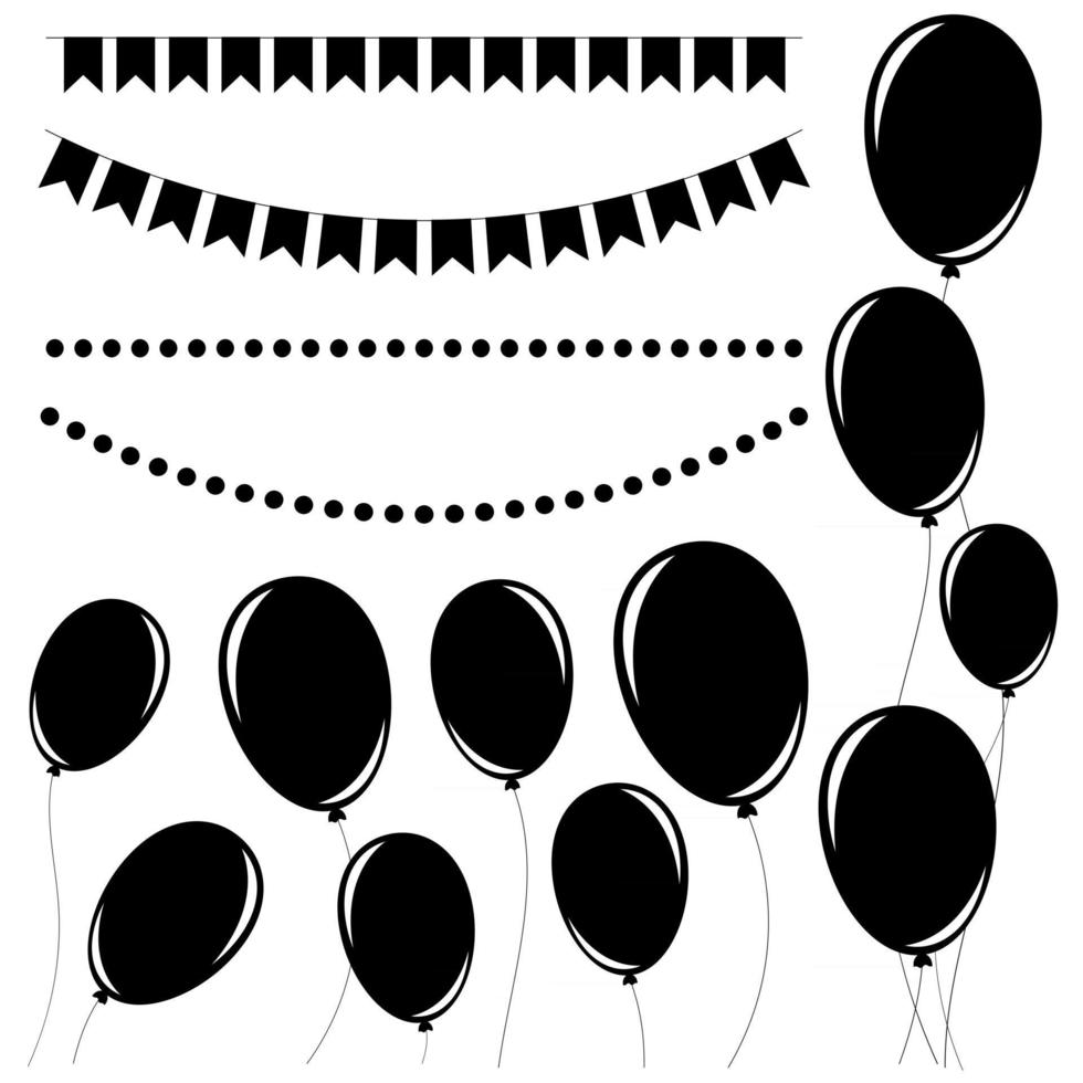 ensemble de silhouettes isolées noires plates de ballons sur des cordes et des guirlandes de drapeaux. vecteur