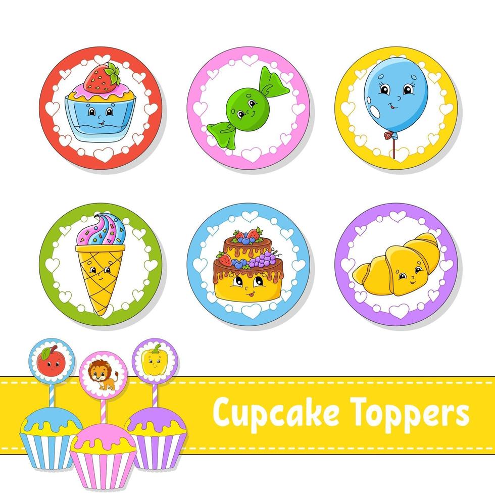 garnitures de cupcakes. ensemble de six images rondes. personnages de dessins animés. image mignonne. pour anniversaire, fête, baby shower. vecteur