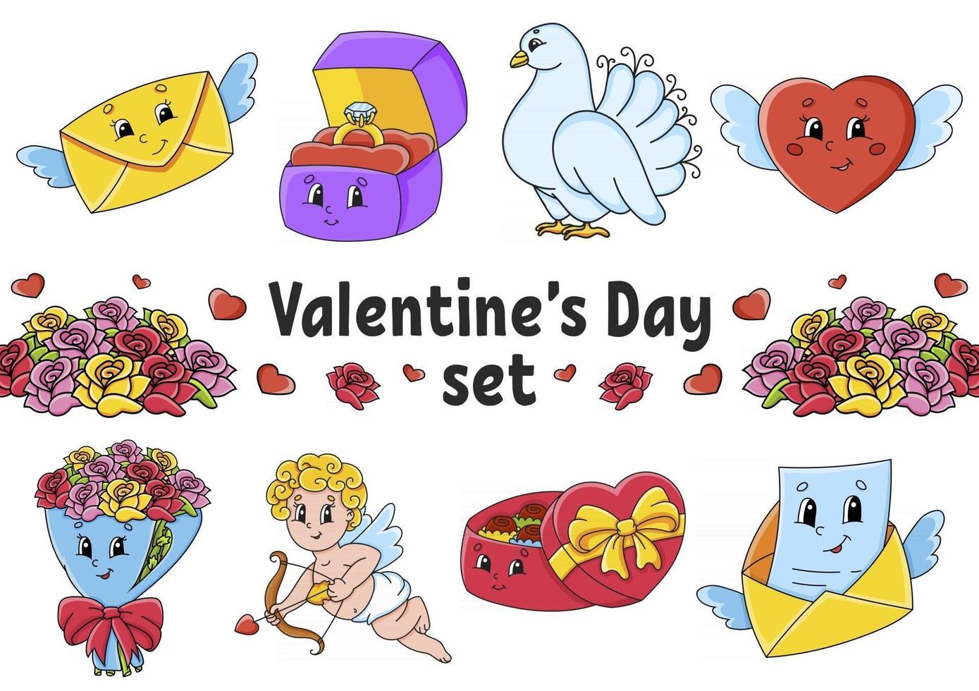 ensemble de personnages de dessins animés mignons. clipart de la Saint-Valentin. dessiné à la main. pack coloré. illustration vectorielle. collection de badges de patch. éléments de conception d'étiquettes. pour planificateur quotidien, agenda, organisateur. vecteur