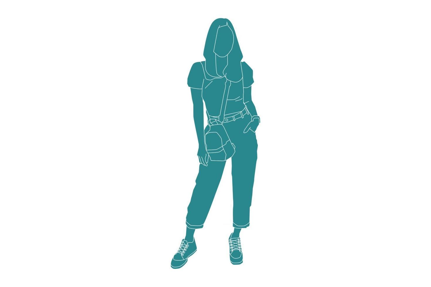 Vector illustration of casual woman posing, style plat avec contour