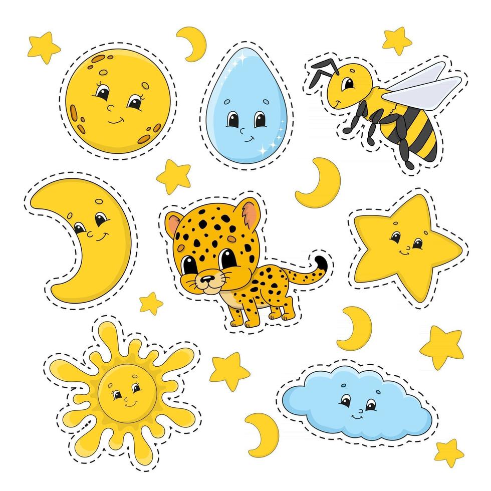 ensemble d'autocollants avec des personnages de dessins animés mignons. clipart mignon. dessiné à la main. pack coloré. illustration vectorielle. collection de badges de patch. éléments de conception d'étiquettes. pour planificateur quotidien, agenda, organisateur. vecteur