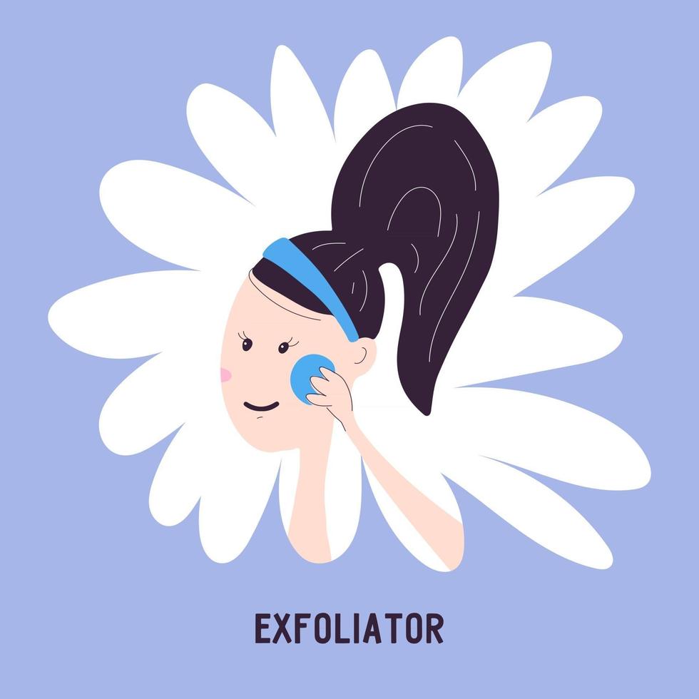 femme faisant l'épluchage avec l'icône de tampons isolé sur fond. illustration vectorielle sur les cosmétiques exfoliants dans le style de dessin à la main. soins de la peau du visage coréen vecteur