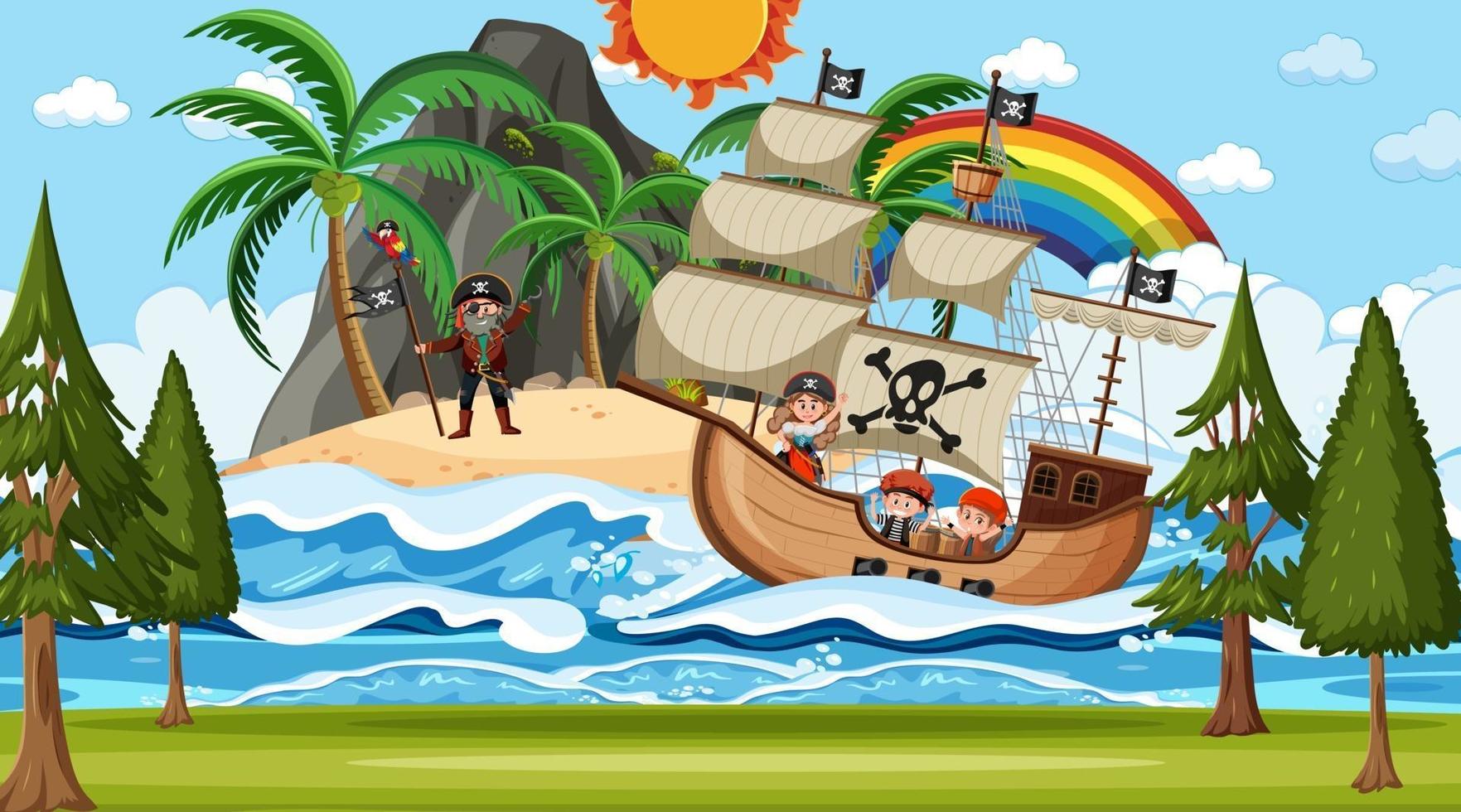 plage avec bateau pirate à la scène de nuit en style cartoon vecteur